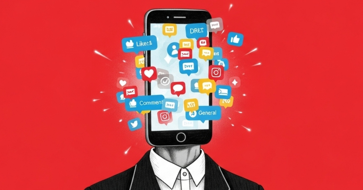 Ilustrasi orang berkepala ponsel yang penuh dengan notifikasi - NEXT Indonesia Center