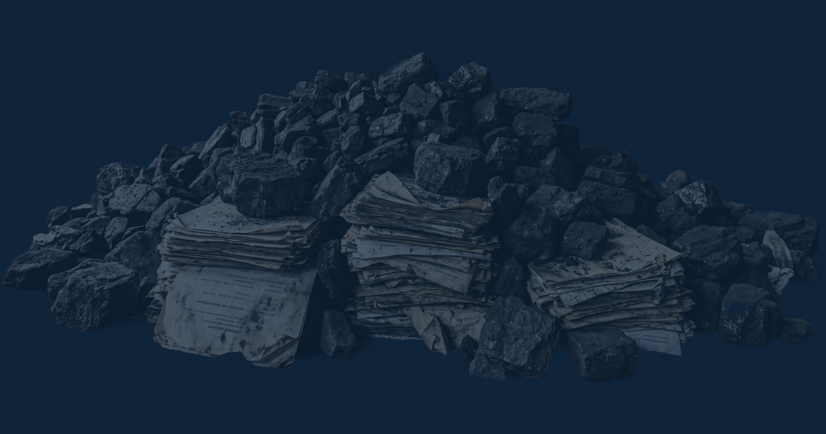 Ilustrasi kertas-kertas surat tertumpuk batu bara - NEXT Indonesia Center