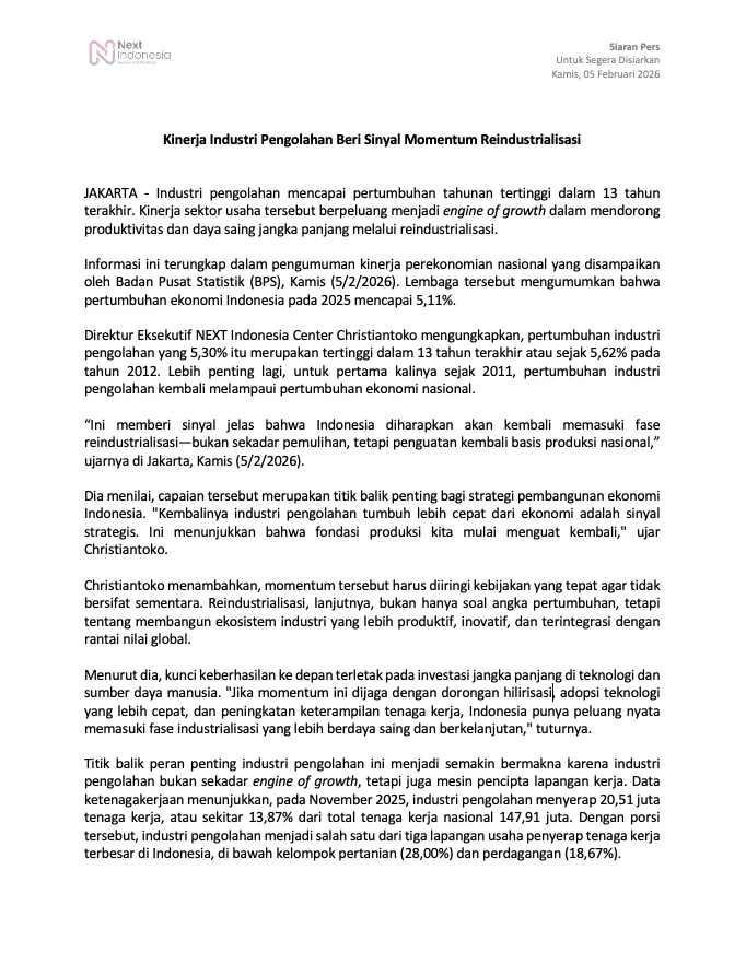cover siaran pers Kinerja Industri Pengolahan Beri Sinyal Momentum Reindustrialisasi NEXT Indonesia Center.png