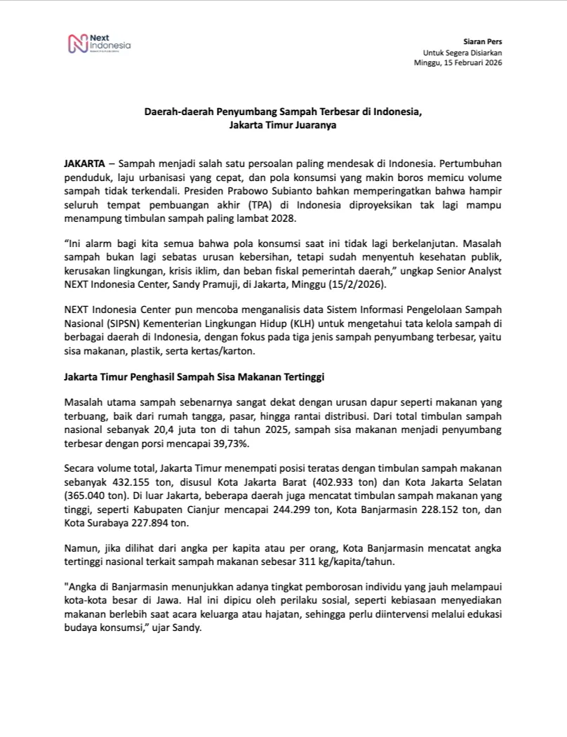 cover siaran pers daerah-daerah penyumbang sampah terbesar di indonesai, jakarta timur juaranya - NEXT Indonesia Center .png