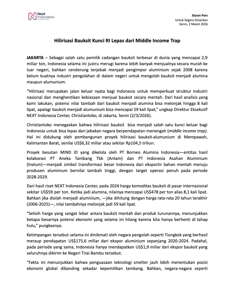 cover siaran pers Hilirisasi Bauksit Kunci RI Lepas dari Middle Income Trap NEXT Indonesia Center.png
