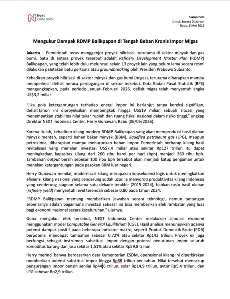 Cover Siaran Pers Mengukur Dampak RDMP Balikpapan di Tengah Beban Kronis Impor Migas.png