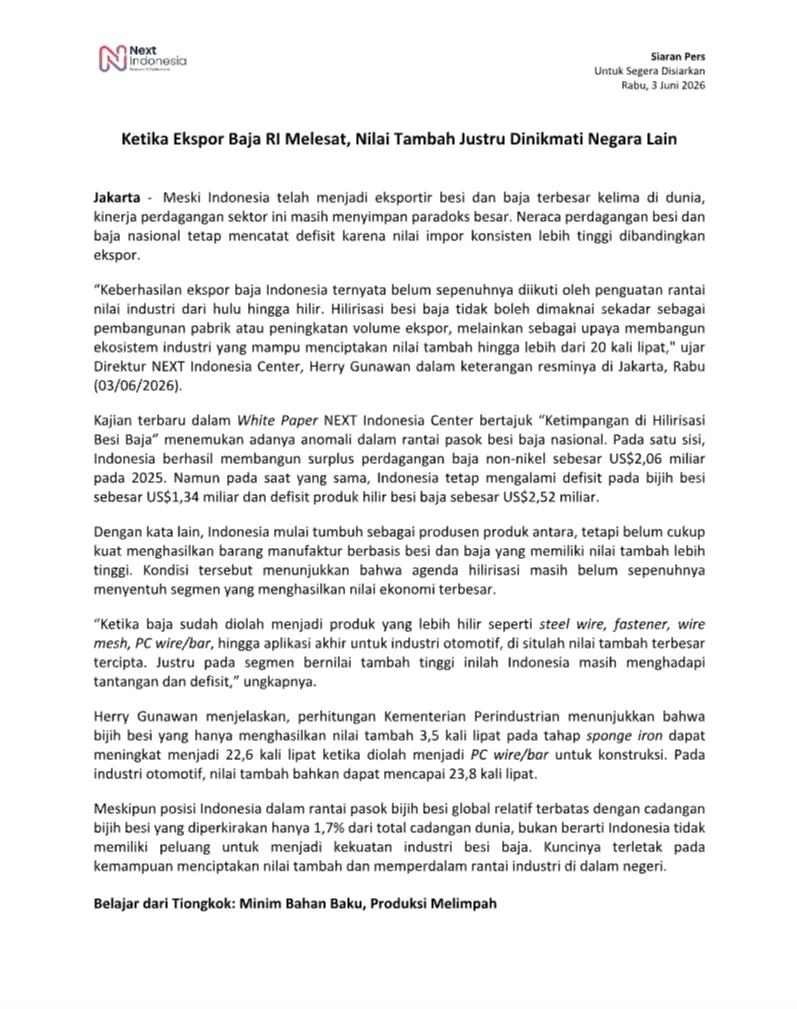 Cover Siran Pers Ketika Ekspor Baja RI Melesat, Nilai Tambah Justru Dinikmati Negara Lain.png