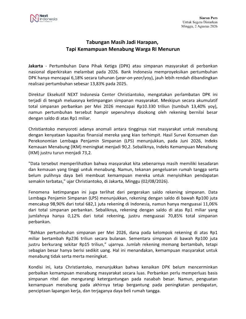 Cover Siaran Pers Tabungan Masih Jadi Harapan, Tapi Kemampuan Menabung Warga RI Menurun.png