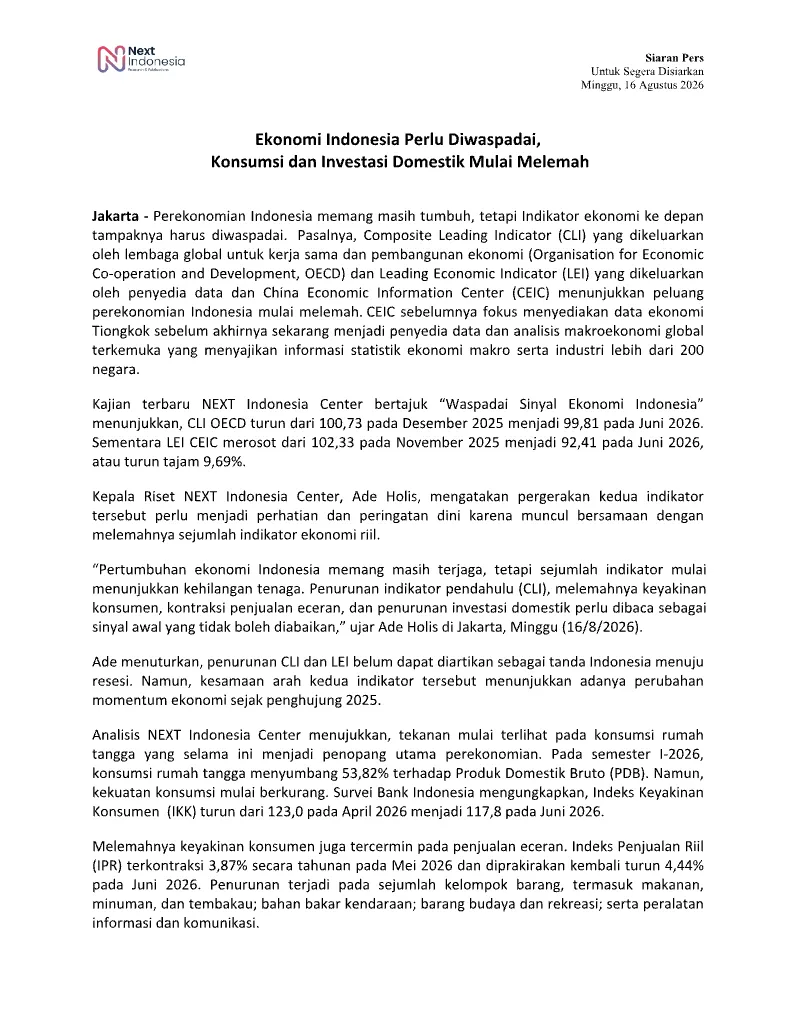 Cover Siaran Pers Ekonomi Indonesia Perlu Diwaspadai, Konsumsi dan Investasi Domestik Mulai Melemah.png