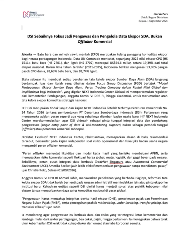 Cover Siaran Pers DSI Sebaiknya Fokus Jadi Pengawas dan Pengelola Data Ekspor SDA, Bukan Offtaker Komersial.png