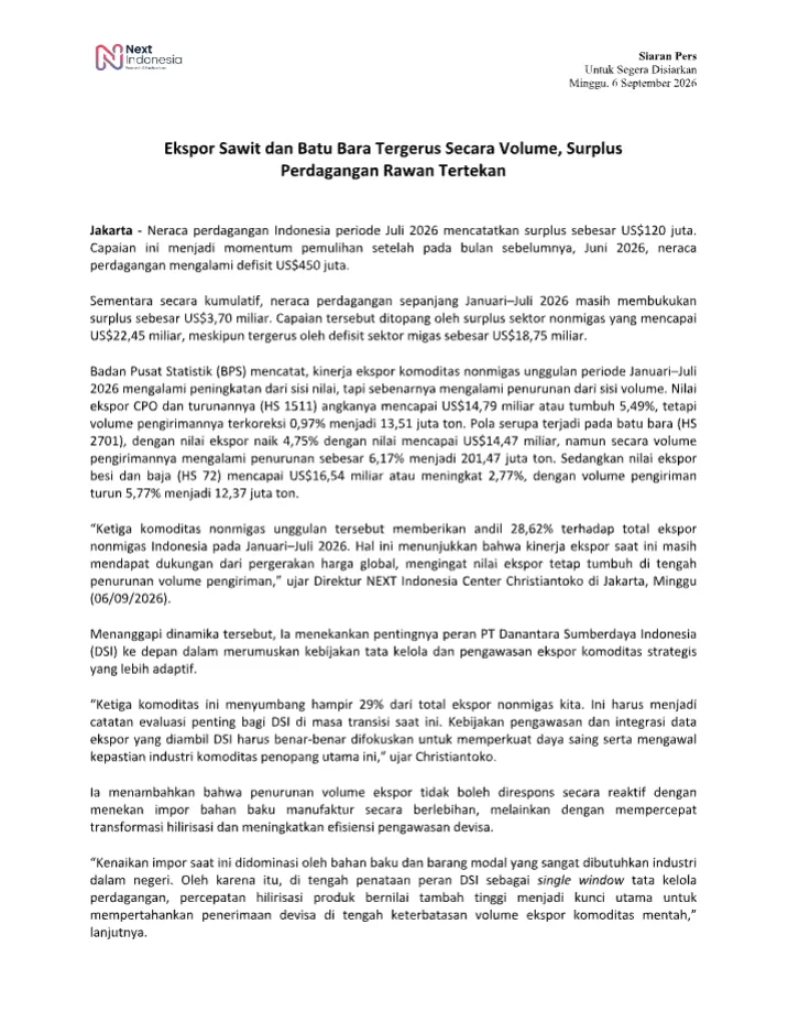 Cover Siran Pers Ekspor Sawit dan Batu Bara Tergerus Secara Volume, Surplus Perdagangan Rawan Tertekan.png