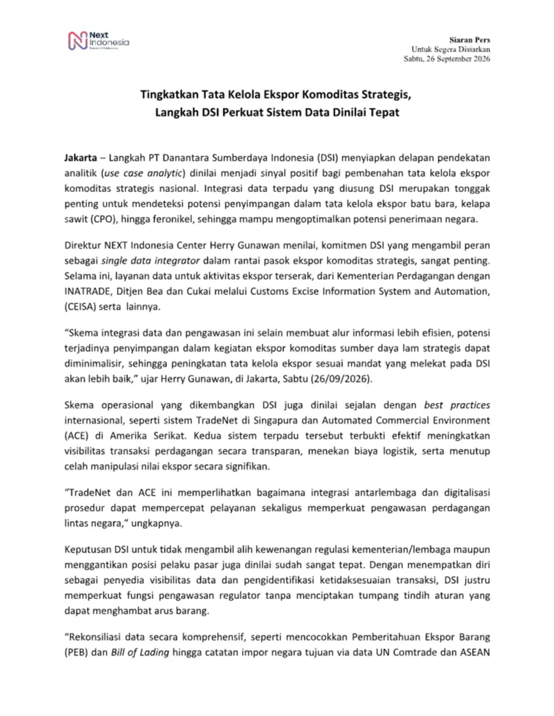 Cover Siran Pers Tingkatkan Tata Kelola Ekspor Komoditas Strategis, Langkah DSI Perkuat Sistem Data Dinilai Tepat.png