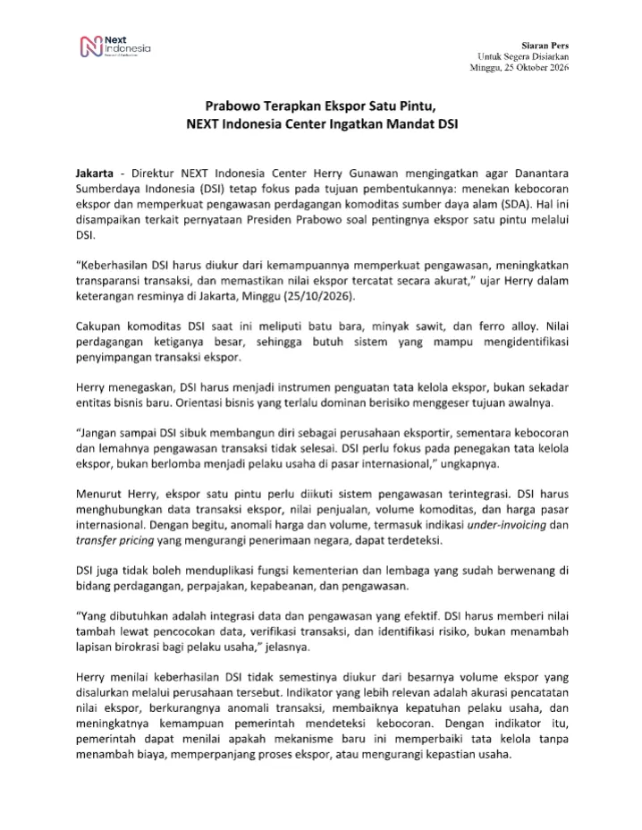 Cover Siaran Pers Prabowo Terapkan Ekspor Satu Pintu, NEXT Indonesia Center Ingatkan Mandat DSI.png